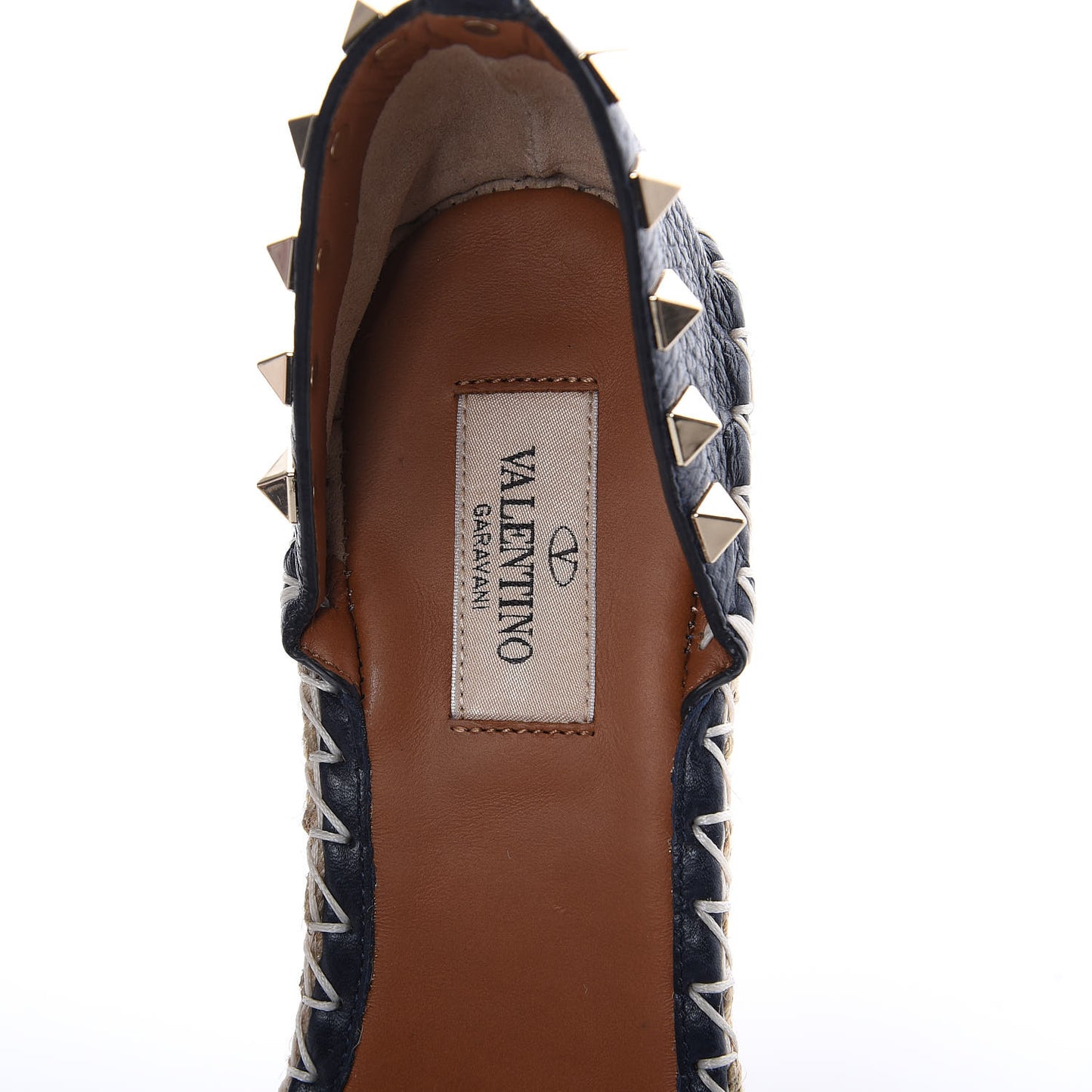 Grained Calfskin Rockstud Ankle Strap Espadrille Wedge Sandals 38 Navy