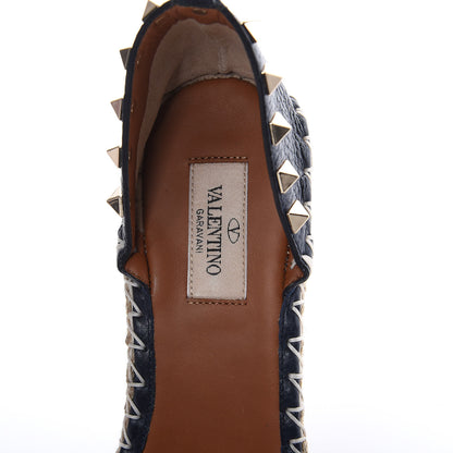Valentino Garavani Grained Calfskin Rockstud Ankle Strap Espadrille Wedge Sandals 38 Navy 5 of 7