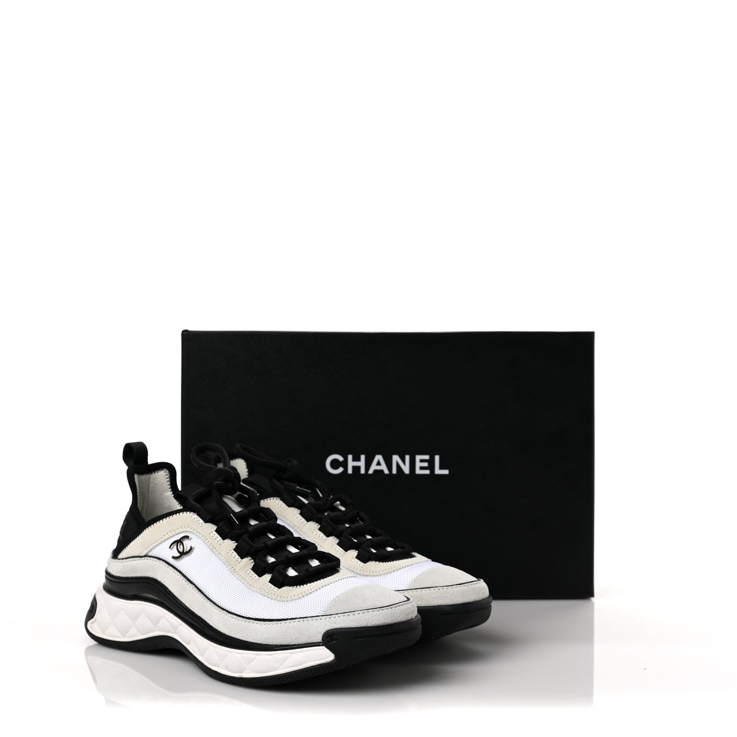Velvet Calfskin Mixed Fibers CC Sneakers 38 White Black