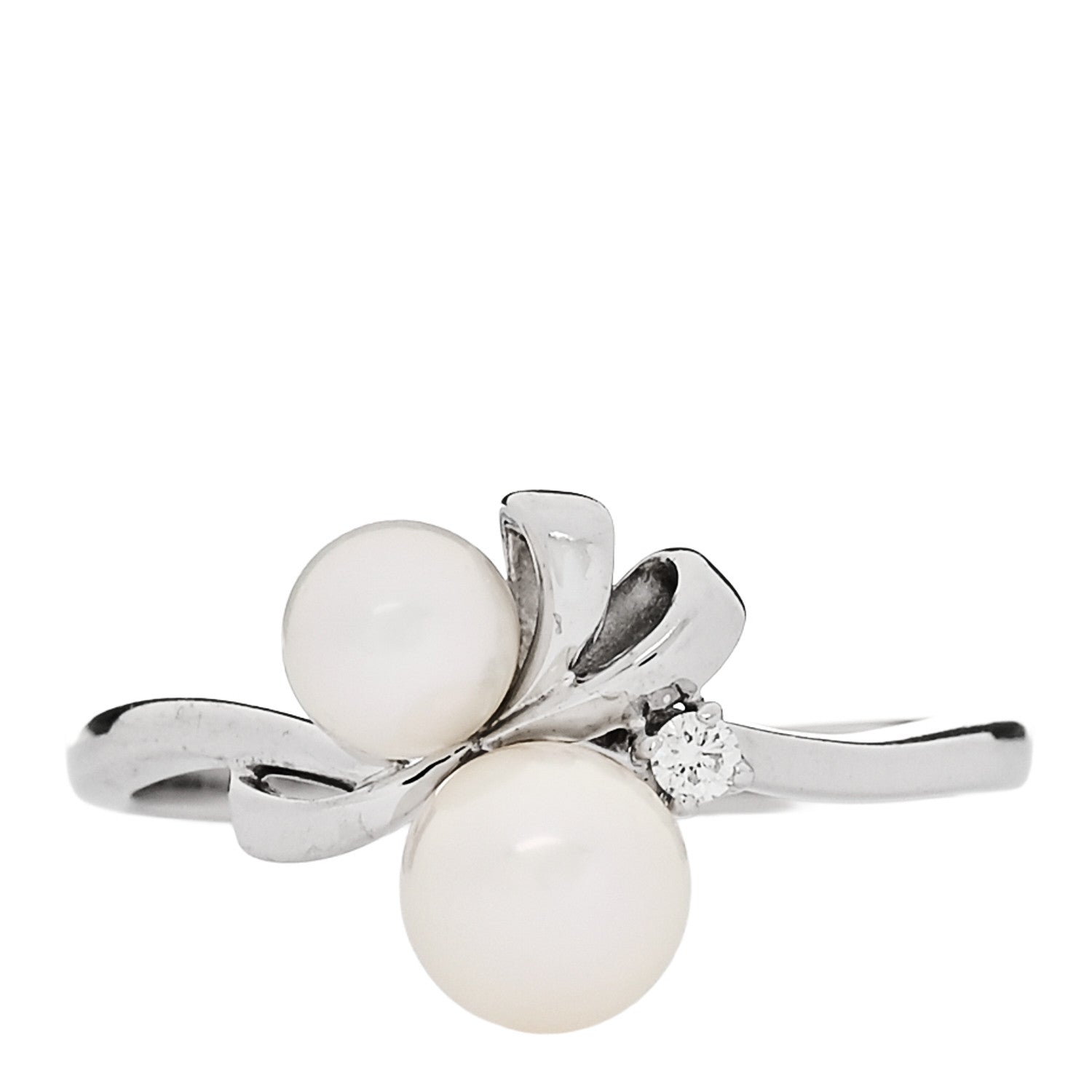 Mikimoto 18K White Gold Diamond Akoya Cultured Pearl Ribbon Ring 51 5.75 1 of 5