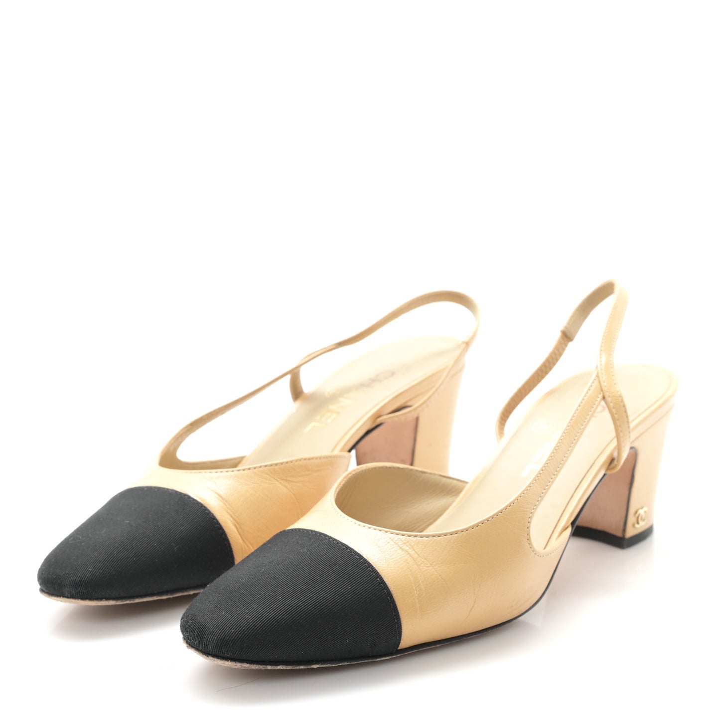 Goatskin Grosgrain Cap Toe CC Slingback Pumps 38.5 Beige Black