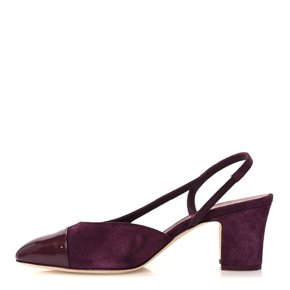 Chanel Suede Patent Cap Toe CC Slingback Pumps 38.5 Burgundy 1 of 10