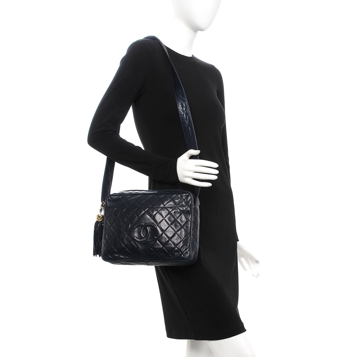 Lambskin Quilted Tassel Camera Case Navy