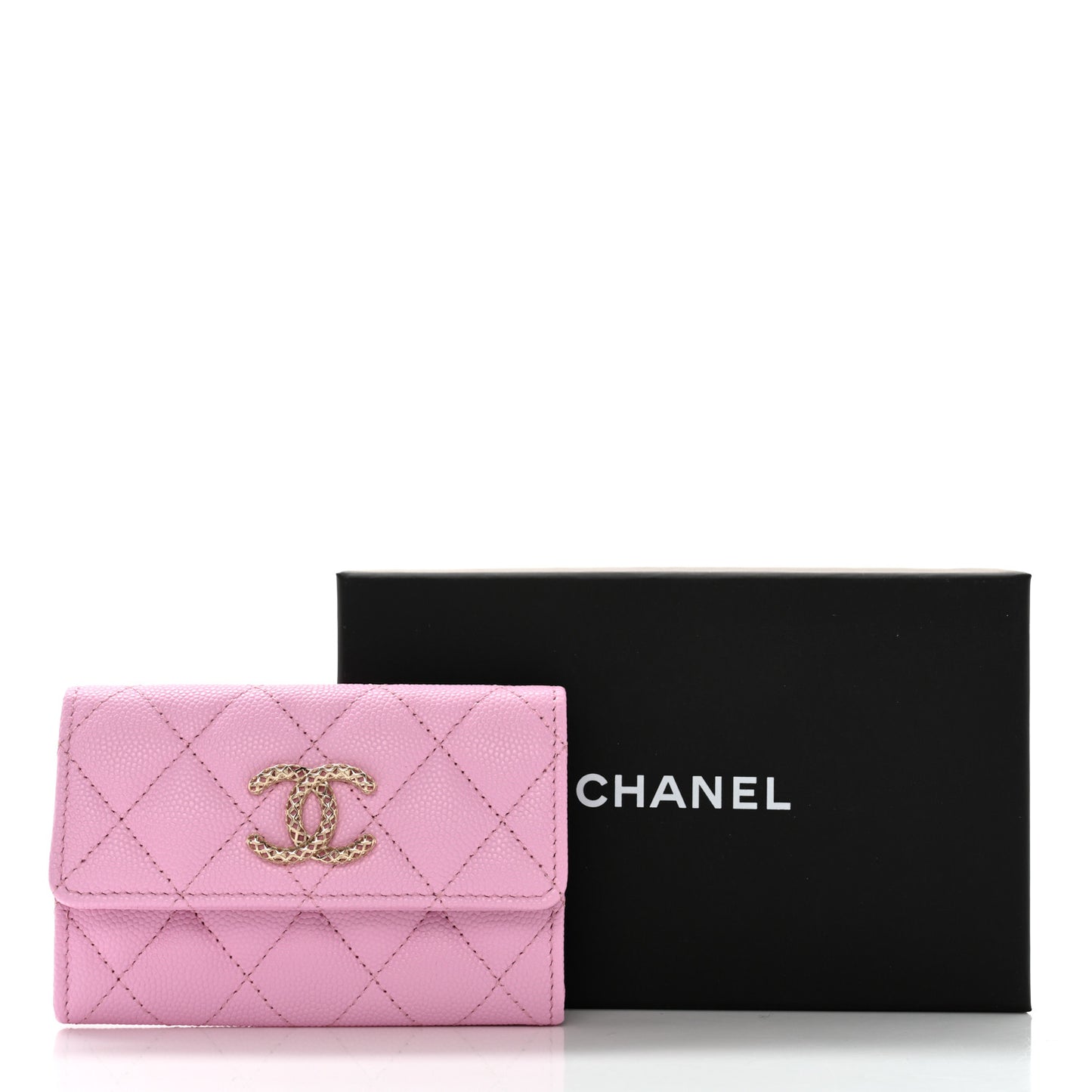 Caviar Metal Perforated Quilted CC Flap Card Holder Pink Green