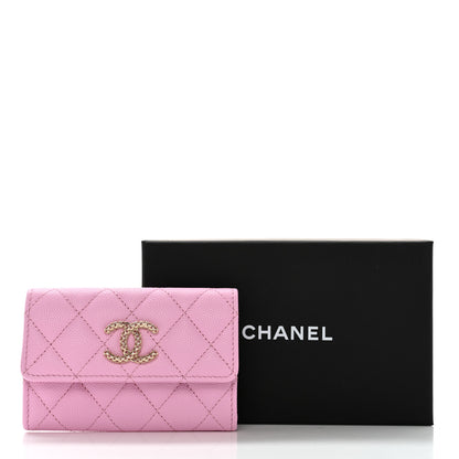 Chanel Caviar Metal Perforated Quilted CC Flap Card Holder Pink Green 9 of 9