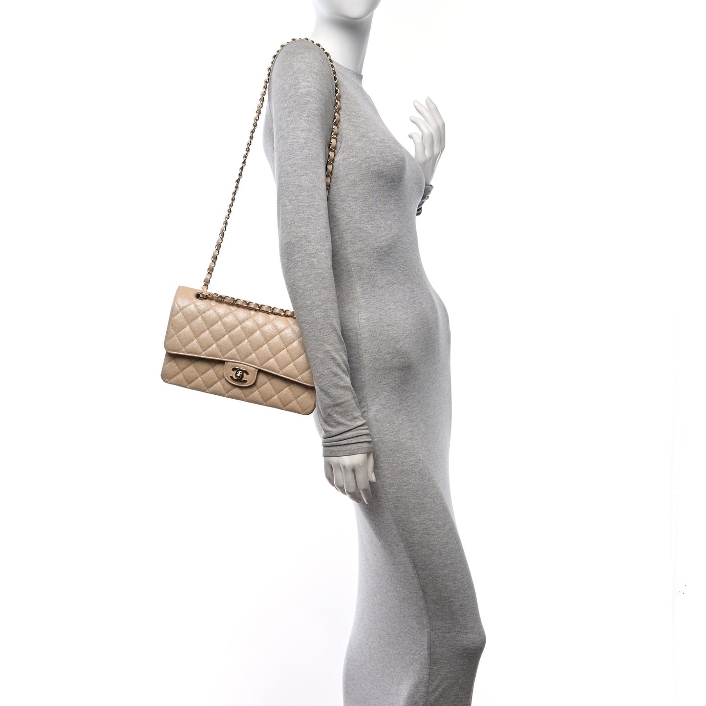 Iridescent Caviar Quilted Medium Double Flap Beige