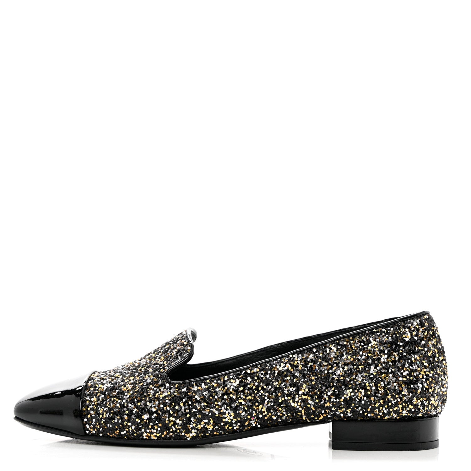 Chanel Glitter Fabric Patent Calfskin Moccasin Loafers 37 Black Bronze 1 of 9