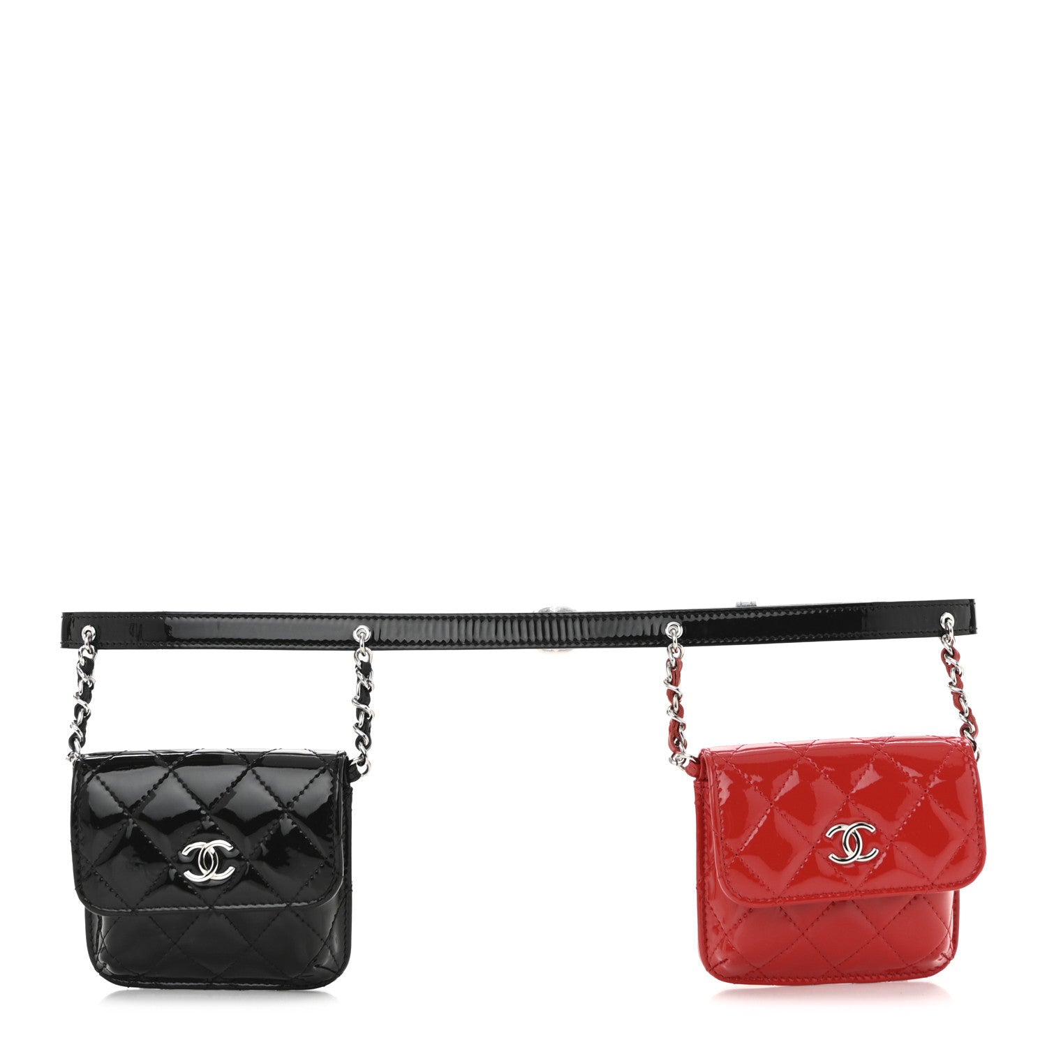 Chanel Patent Quilted Belt In Love Double Mini Flap Waist Bag Black Red 1 of 15