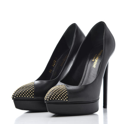 Saint Laurent Calfskin Studded Cap Toe Janis 105 Platform Pumps 38 Black 3 of 25
