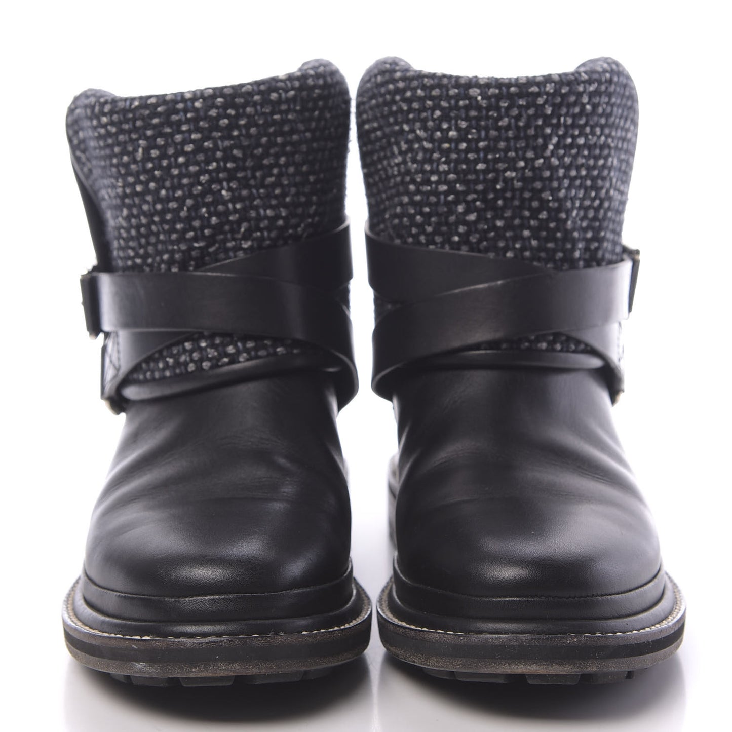 Tweed Calfskin CC Short Boots 36.5 Grey Navy Black