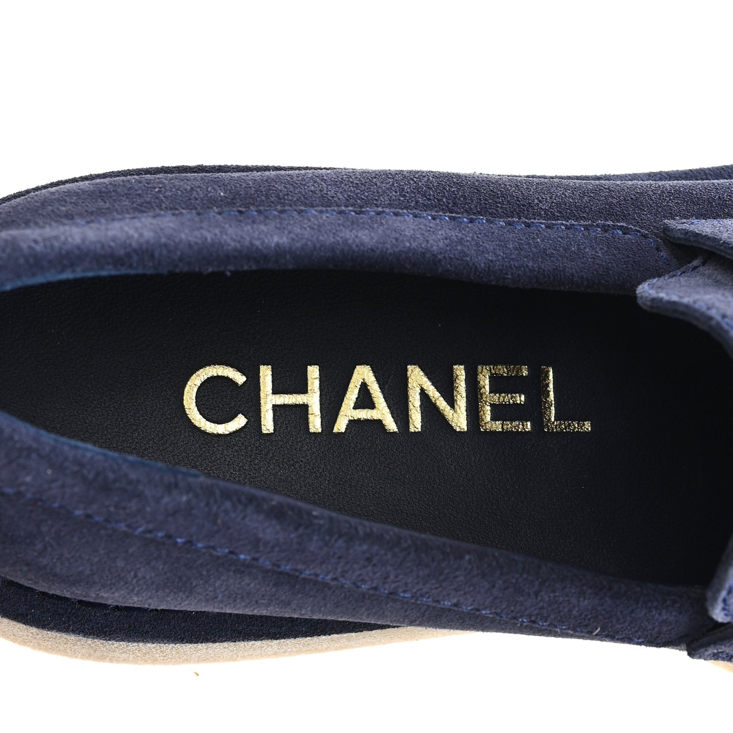 Suede Calfskin Pearl CC Moccasin Loafers 37 Navy
