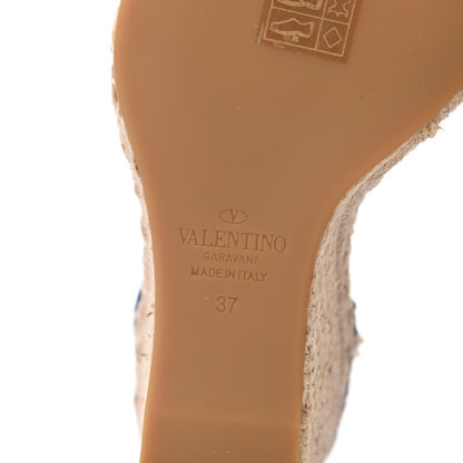 Valentino Garavani Grained Calfskin Rockstud Ankle Strap Espadrille 15/105mm Wedge Sandals 37 Blu Delft Natural 7 of 8