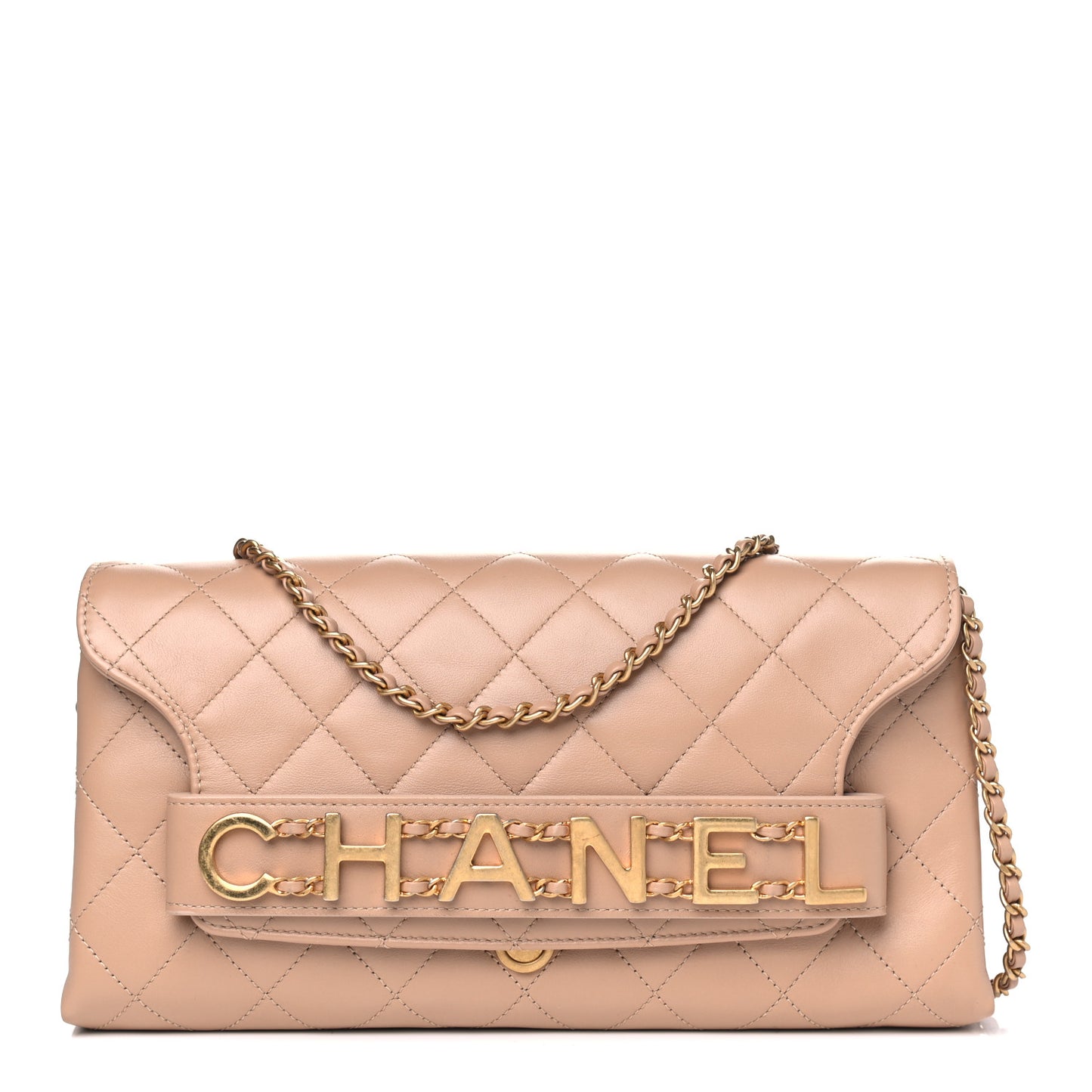 Calfskin Quilted Enchained Clutch Beige