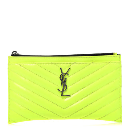 Saint Laurent Patent Grain De Poudre Matelasse Chevron Monogram Bill Pouch Neon Yellow 1 of 7
