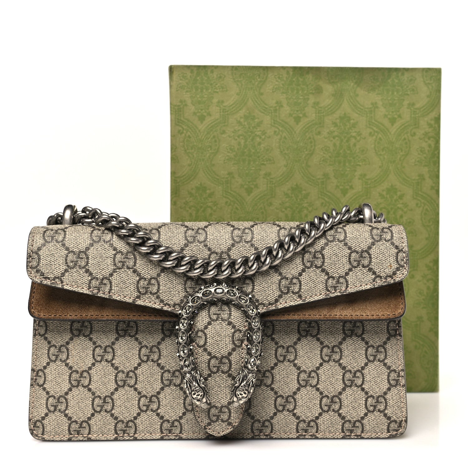 Gucci GG Supreme Monogram Suede Crystal Small Dionysus Shoulder Bag Beige Ebony Taupe 11 of 11