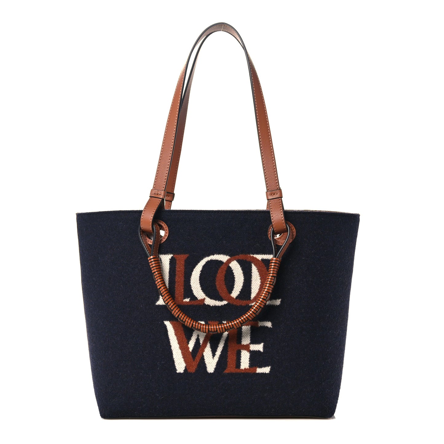 Wool Calfskin Small Love Anagram Tote Navy Tan