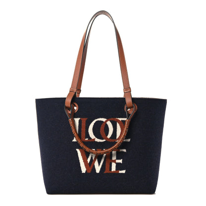 Loewe Wool Calfskin Small Love Anagram Tote Navy Tan 1 of 9