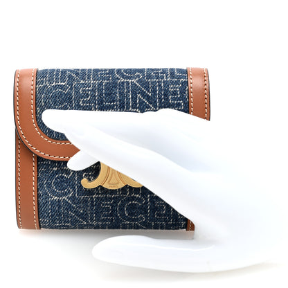 Celine Denim Calfskin All Over Print Small Triomphe Wallet Navy Tan 2 of 7