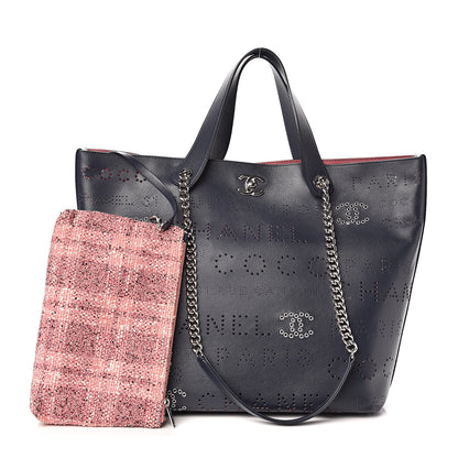 Chanel Calfskin Tweed Small Logo Eyelets Shopping Tote Navy Blue 3 of 13