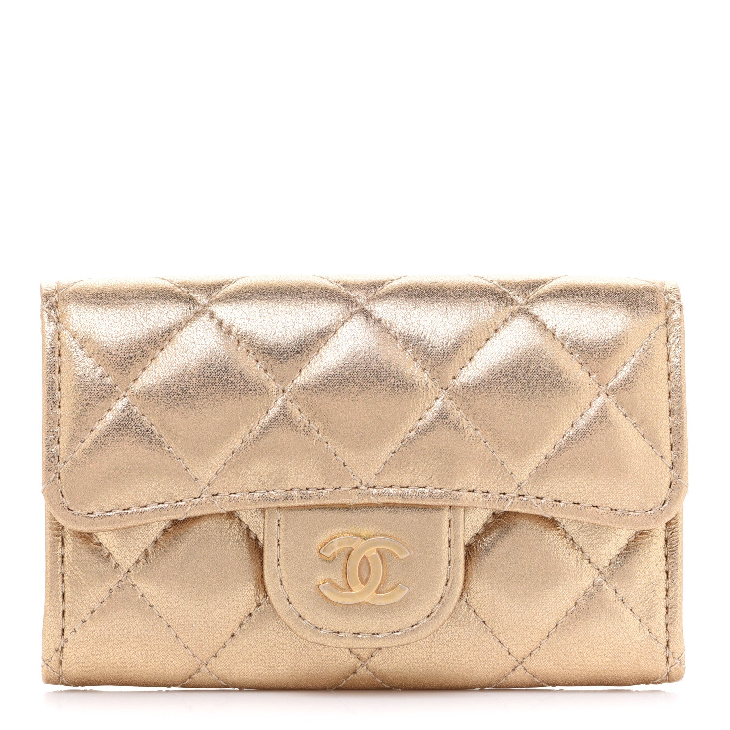 Chanel Metallic Lambskin Quilted Flap Card Holder Wallet Gold 1 of 10