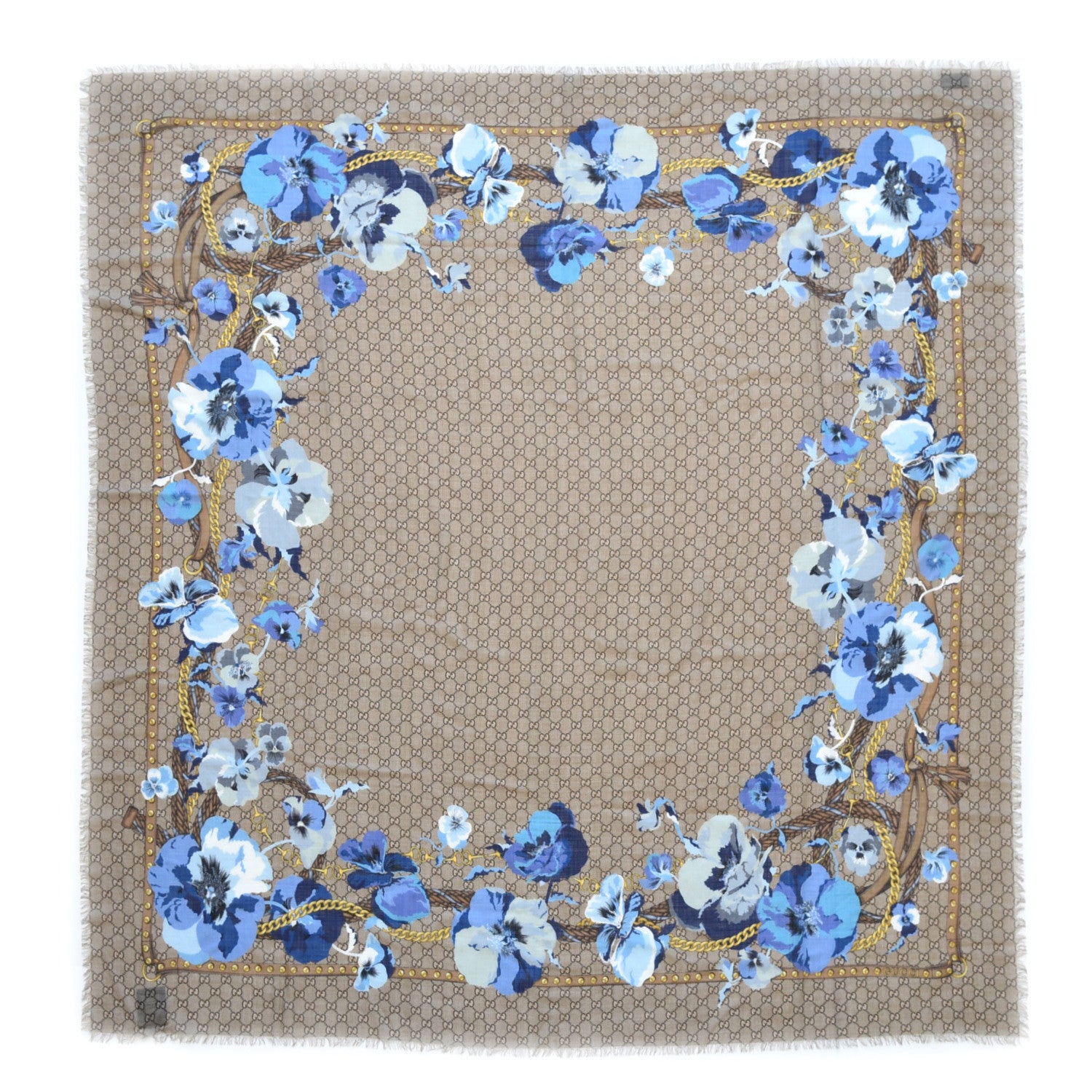 Gucci Wool Jacquard GG Monogram Big Panshie Fringe Shawl Sapphire Beige 3 of 6