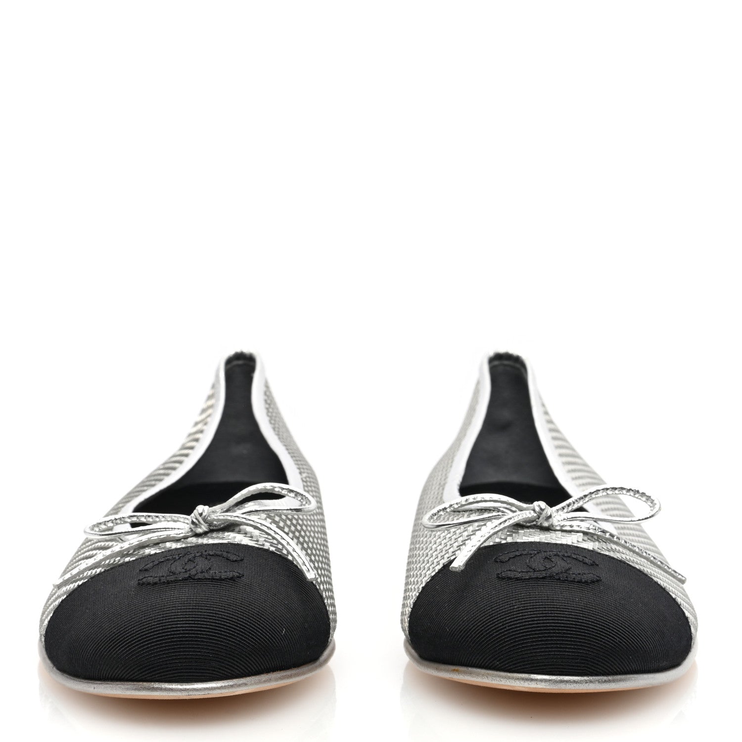 Chanel Metallic PVC Grosgrain Cap Toe Ballerina Flats 40 Silver Black 2 of 8