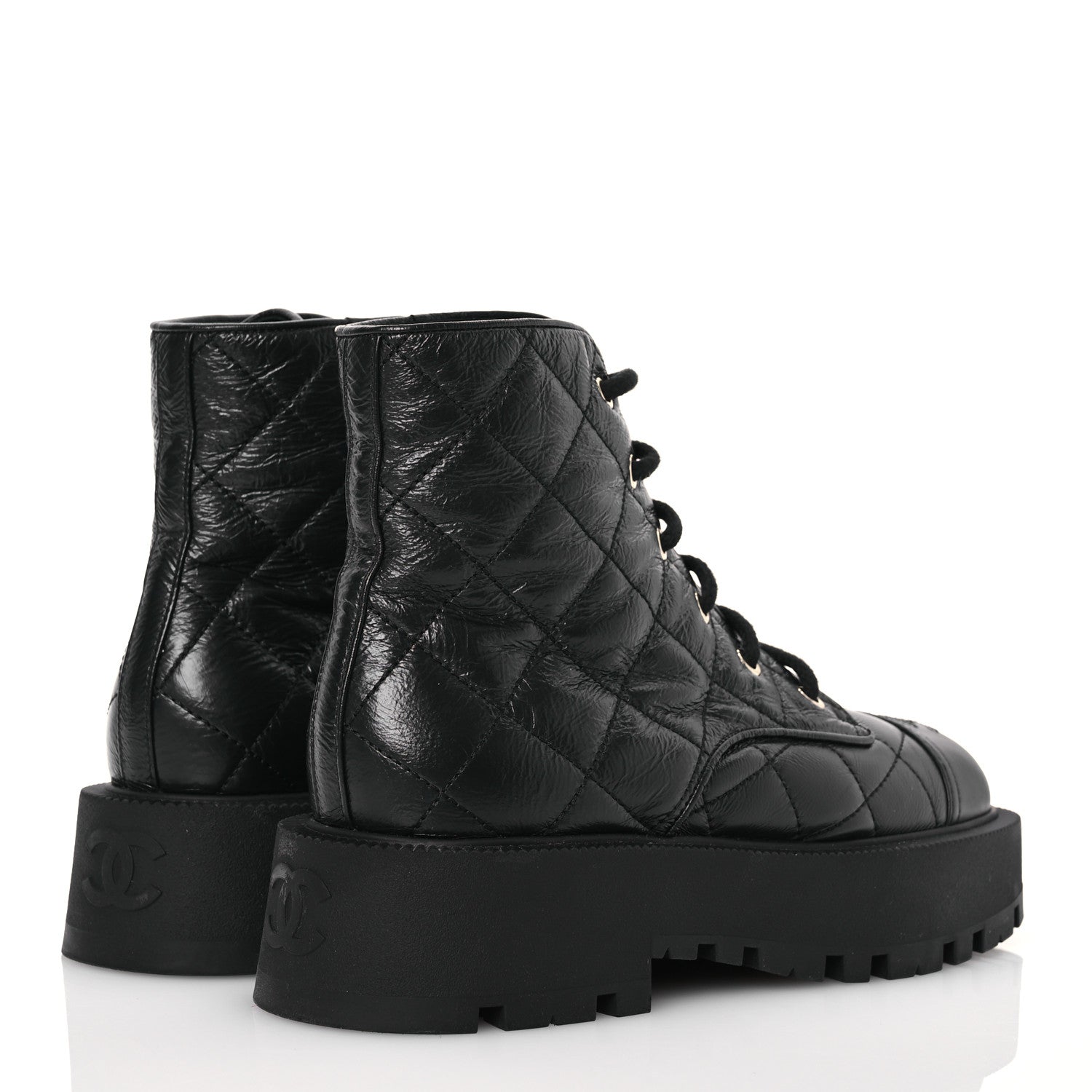 Chanel Crumpled Lambskin Quilted Platform Lace Up Combat Boots 38 Black 4 of 10