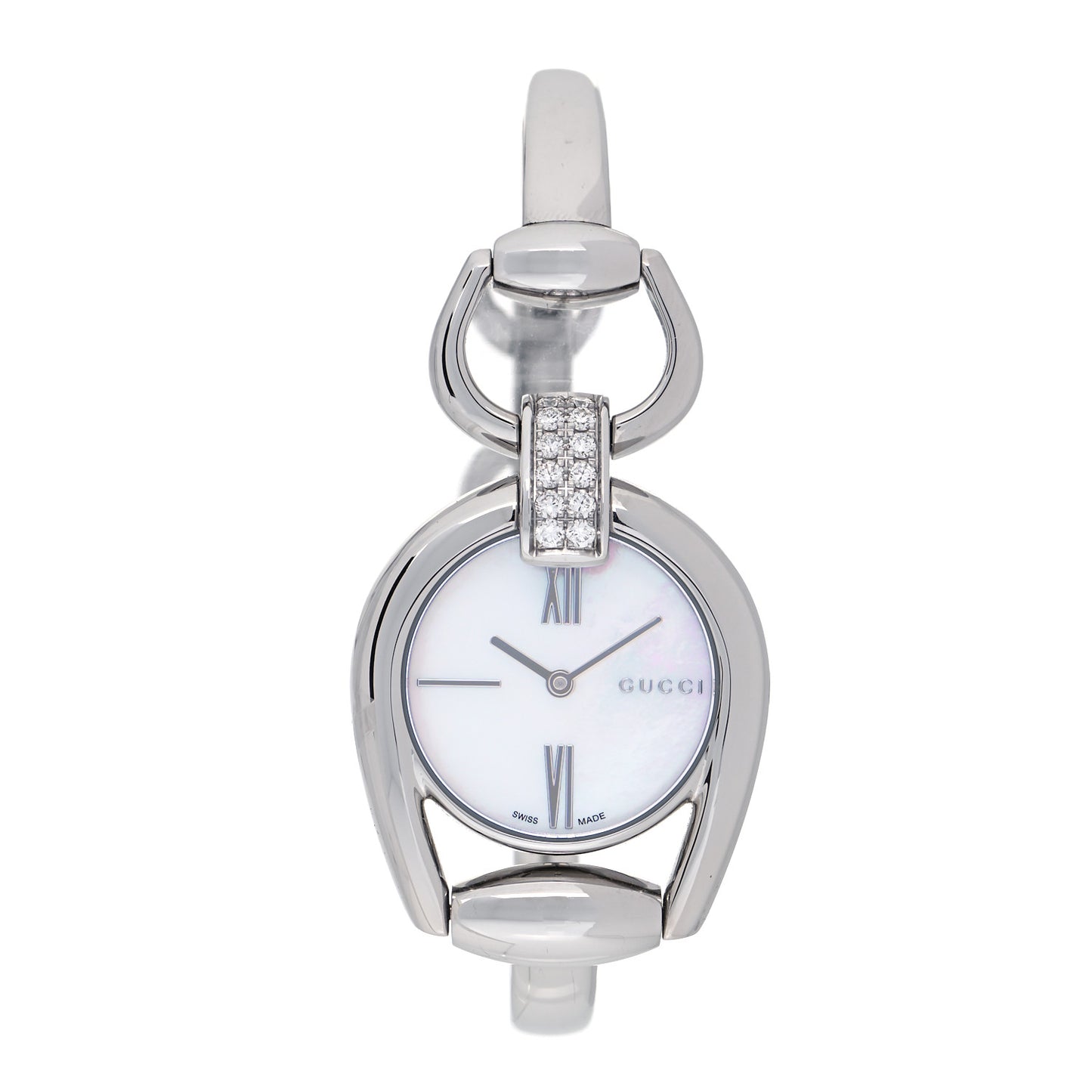 Stainless Steel Diamond Pave Mother of Pearl 28mm Horsebit Quartz Watch