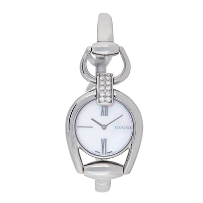 Gucci Stainless Steel Diamond Pave Mother of Pearl 28mm Horsebit Quartz Watch 1 of 5