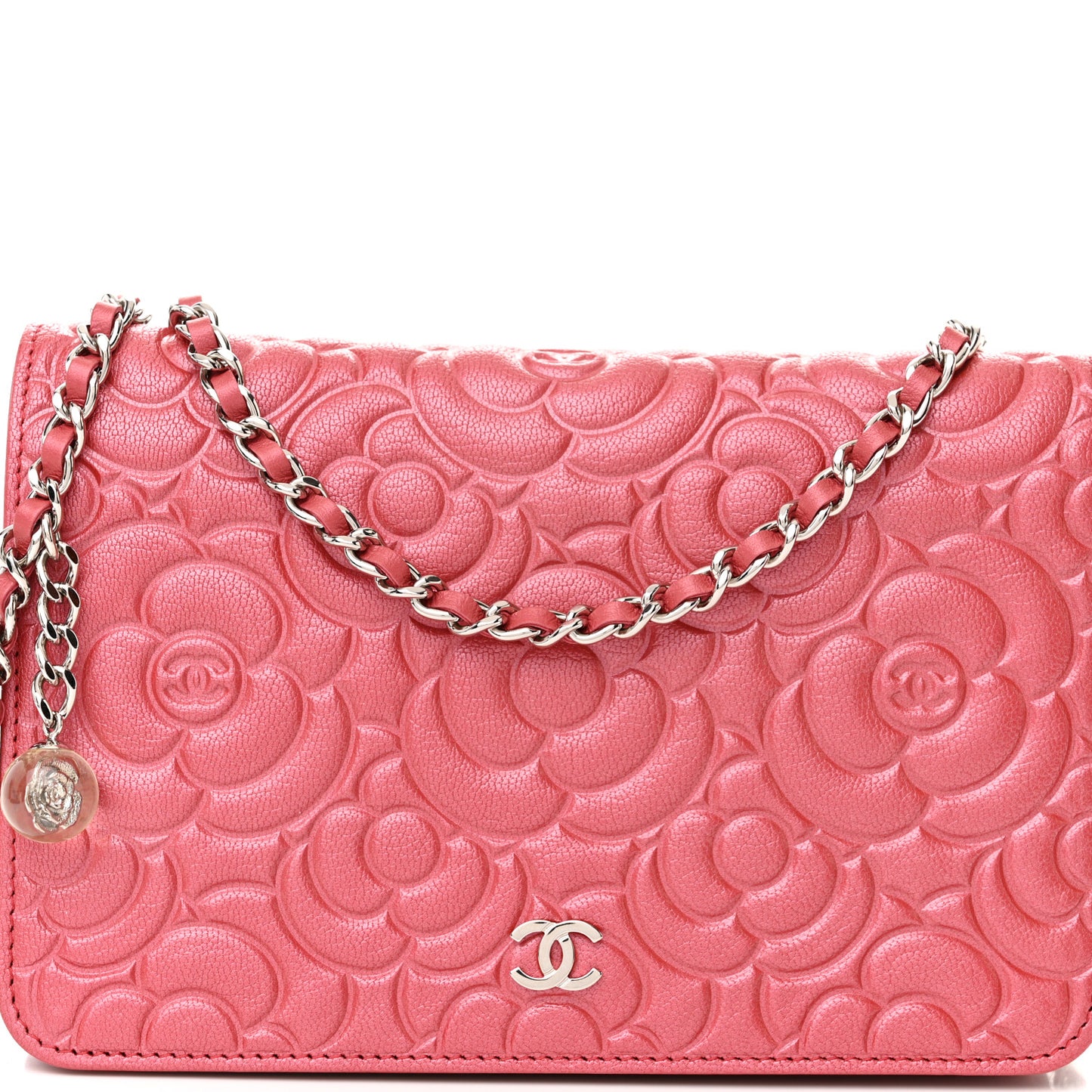 Goatskin Camellia Embossed Wallet On Chain WOC Pink