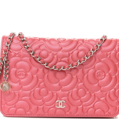 Chanel Goatskin Camellia Embossed Wallet On Chain WOC Pink 9 of 12