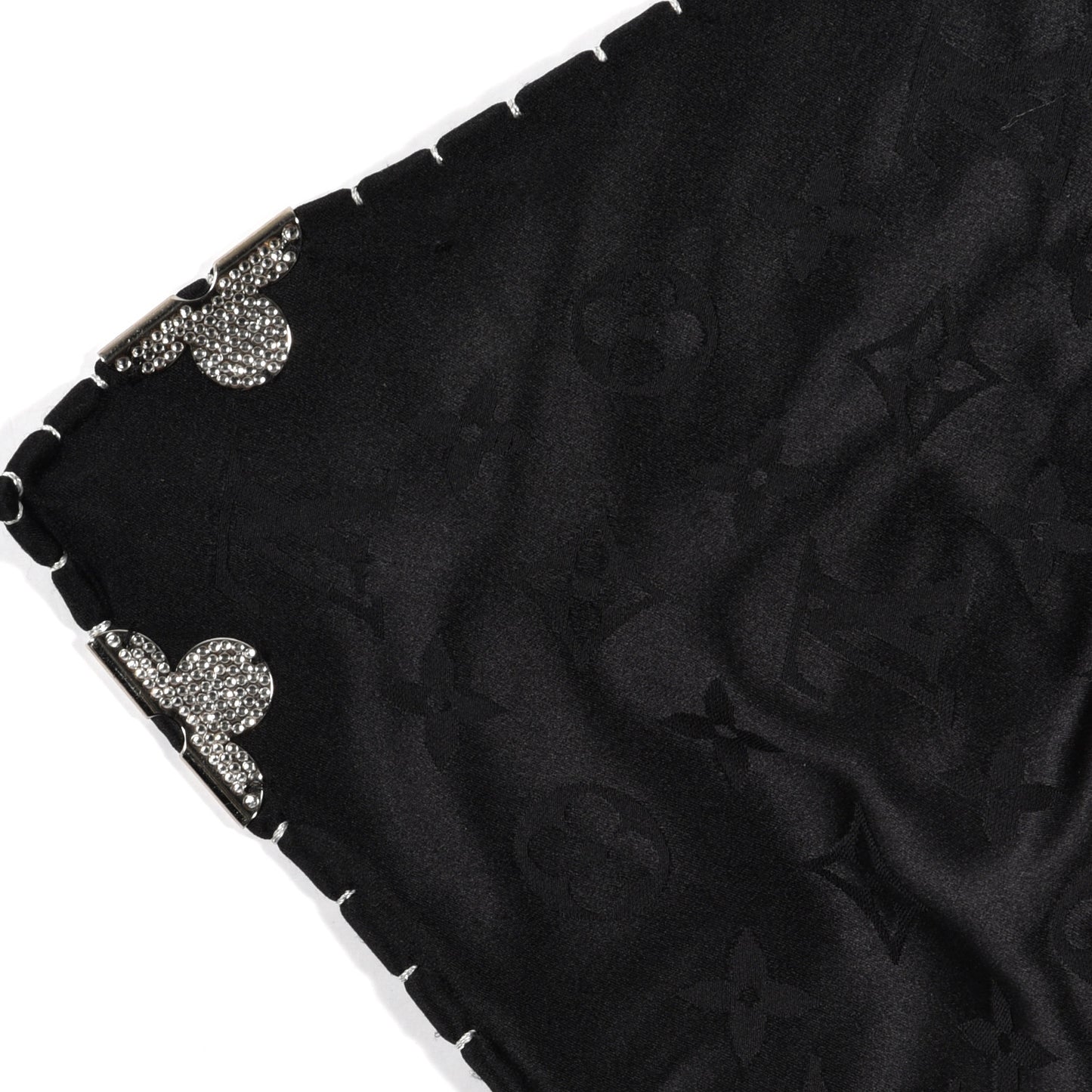 Silk Strass Monogram Flower Crown Triangle Scarf Black