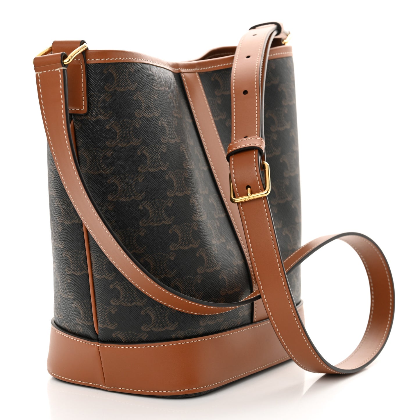 Triomphe Canvas Calfskin Small Bucket Bag Tan
