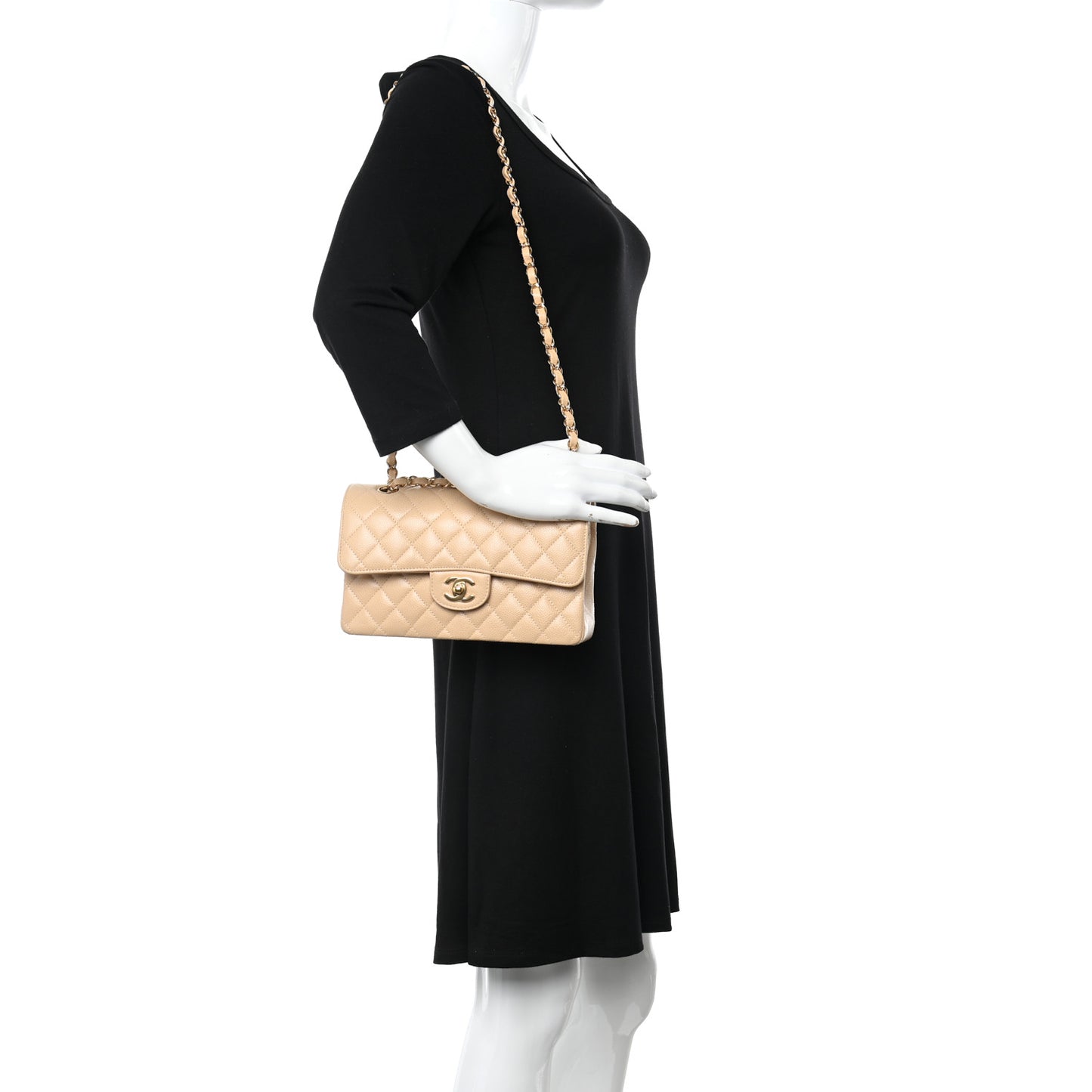 Caviar Quilted Small Double Flap Beige