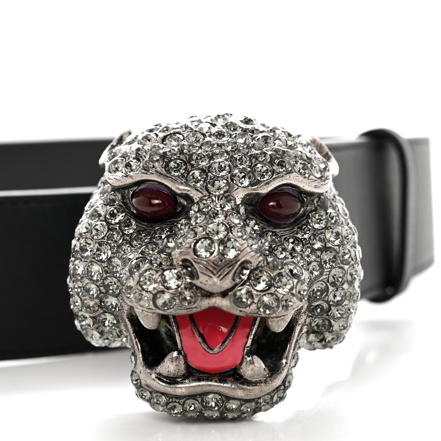 Gucci Calfskin Crystal Tiger Head Buckle Belt 80 32 Black 7 of 7