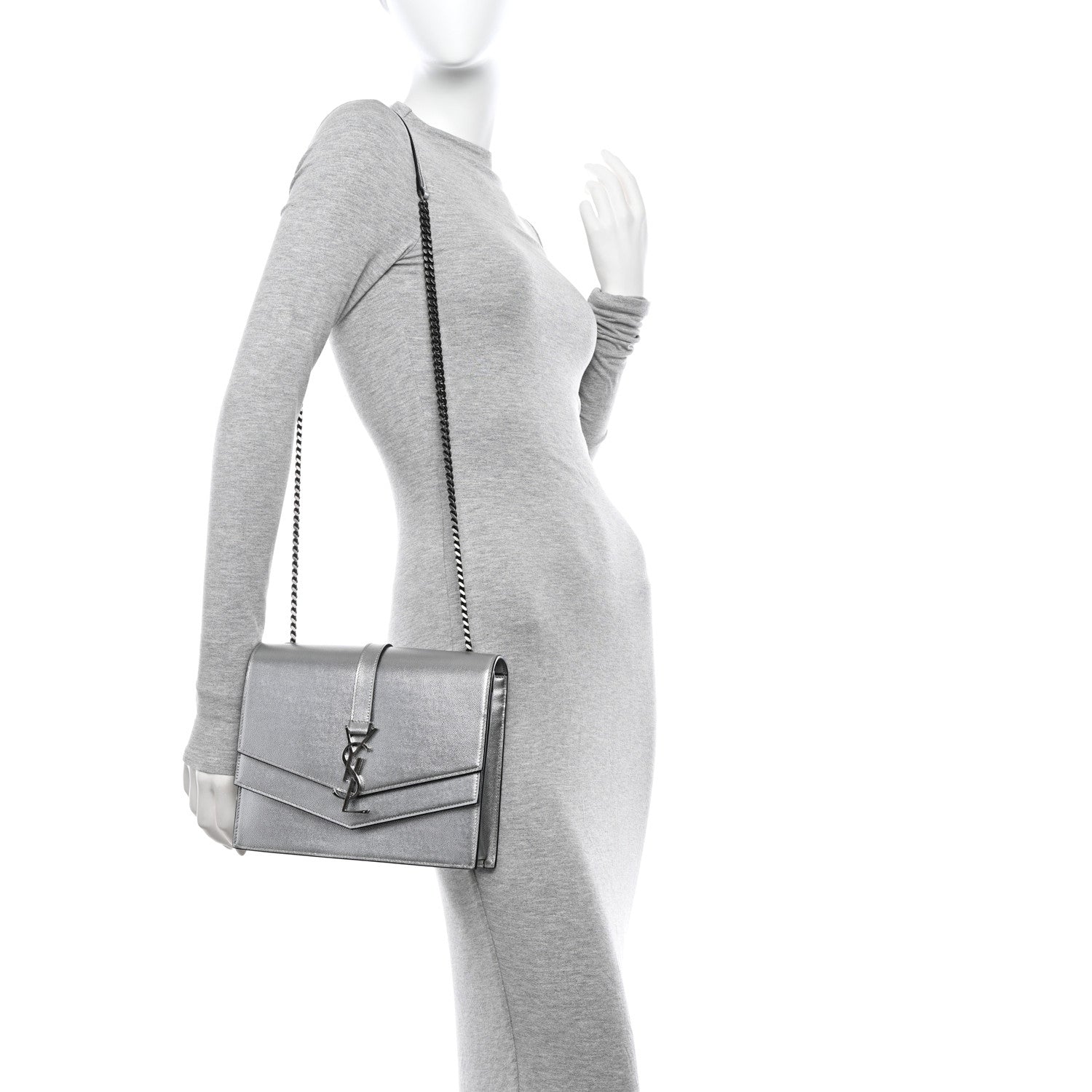 Saint Laurent Grain De Poudre Monogram Medium Sulpice Shoulder Bag Silver 2 of 15