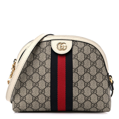 Gucci GG Supreme Monogram Textured Dollar Calfskin Web Small Ophidia Dome Shoulder Bag Beige Ebony Mystic White 1 of 11
