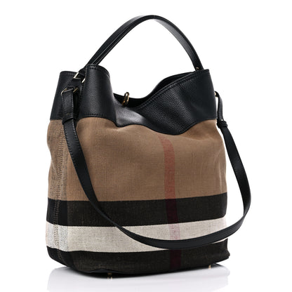 Burberry Grainy Calfskin Canvas Mega Check Medium Ashby Tassel Hobo Black 3 of 10
