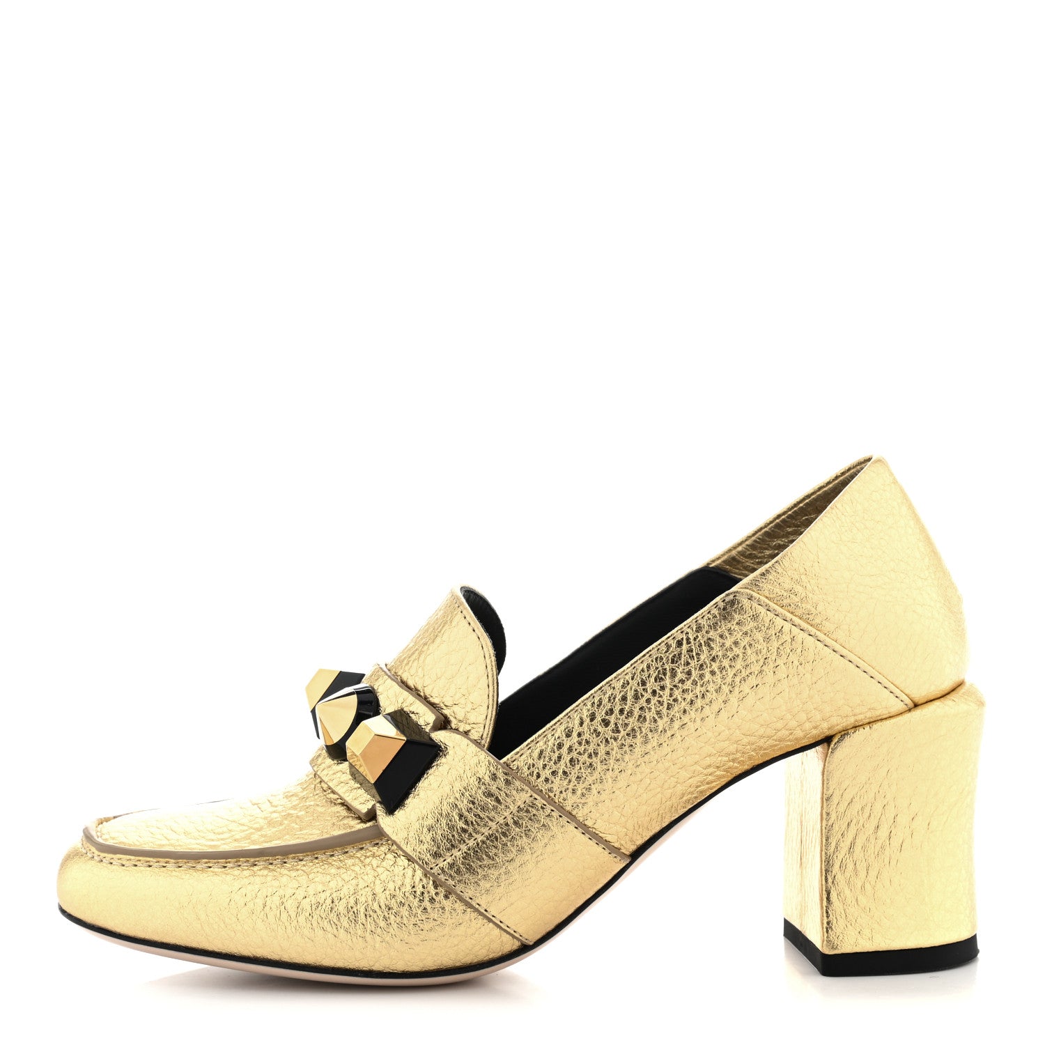 Fendi Calfskin Studded Mid-Heel Loafer Pumps 36 Gold Black 1 of 7