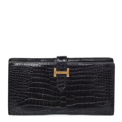Hermes Shiny Porosus Crocodile Bearn Wallet Black 1 of 9