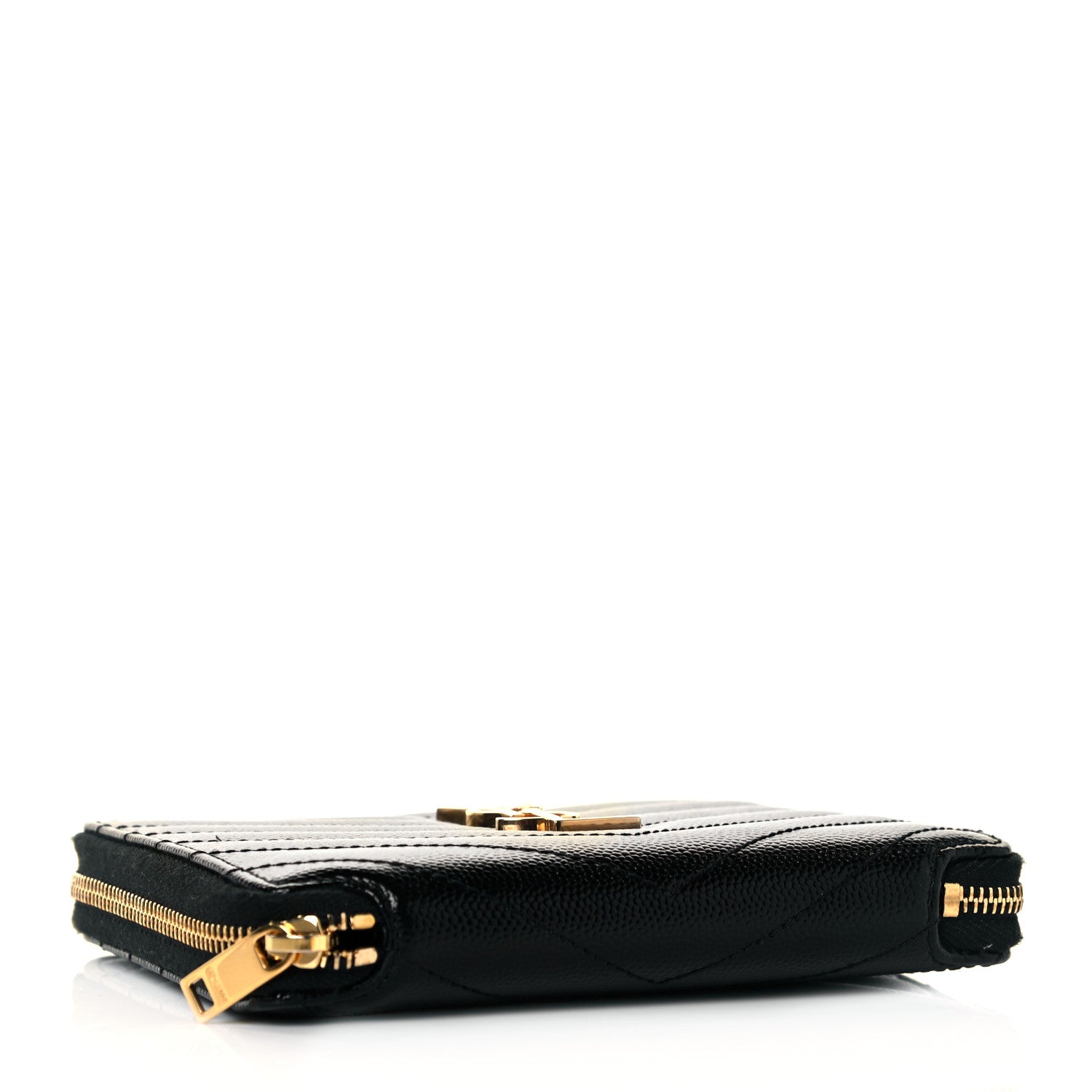 Saint Laurent Grain De Poudre Matelasse Chevron Monogram Compact Zip Around Wallet Black 4 of 9