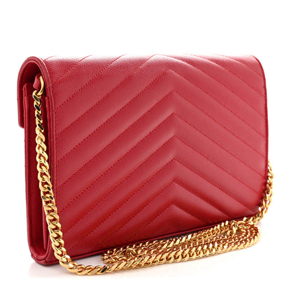 Saint Laurent Grain De Poudre Matelasse Chevron Monogram Chain Wallet New Red 3 of 12