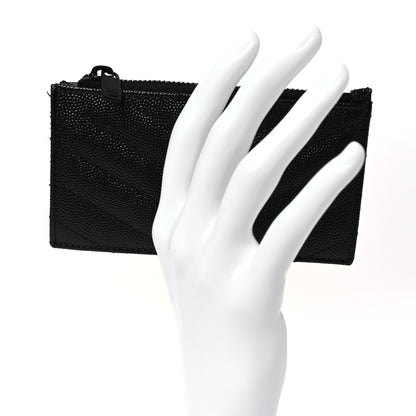 Saint Laurent Grain De Poudre Matelasse Chevron Monogram Fragments Zippered Card Case Black 2 of 8