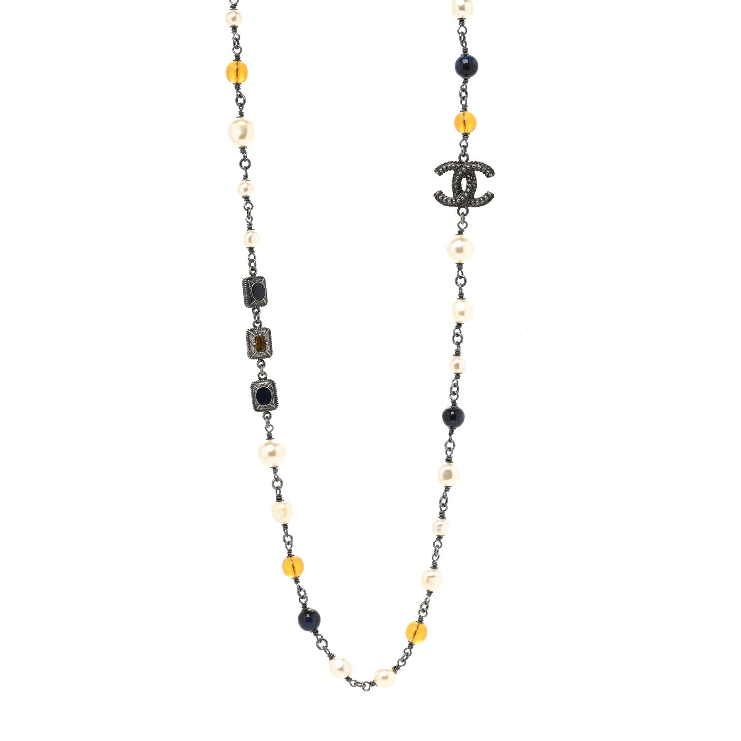 Chanel Gripoix Glitter Poured Glass Pearl Crystal Bead CC Long Necklace Ruthenium Blue Yellow 1 of 3