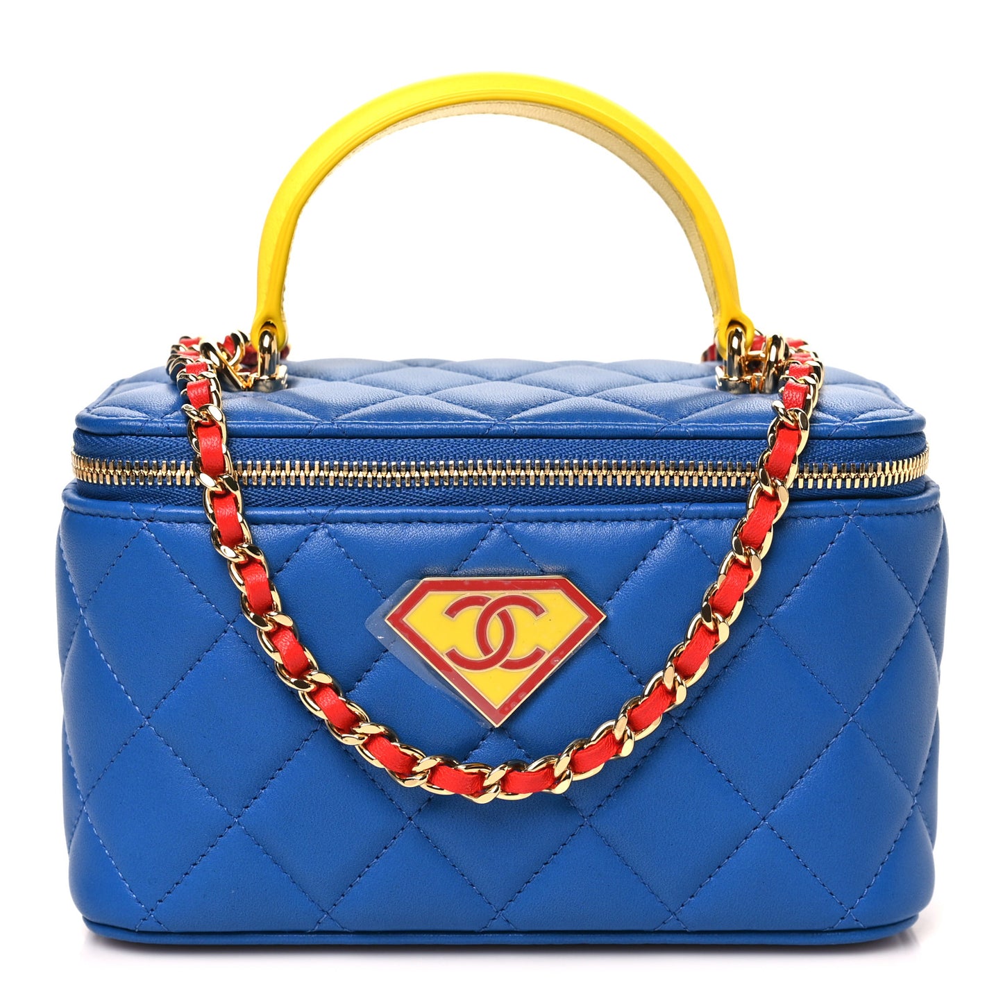Lambskin Quilted Superman Top Handle Vanity  Blue Red Yellow