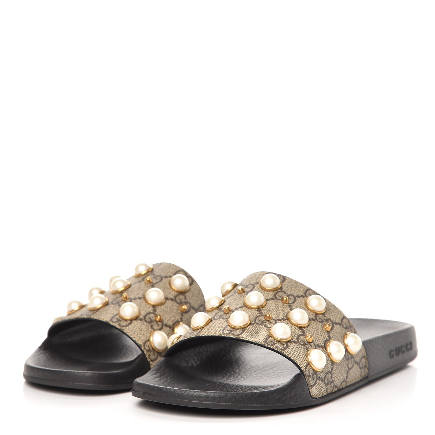 GG Supreme Monogram Slide Pearls Sandals 39 Beige