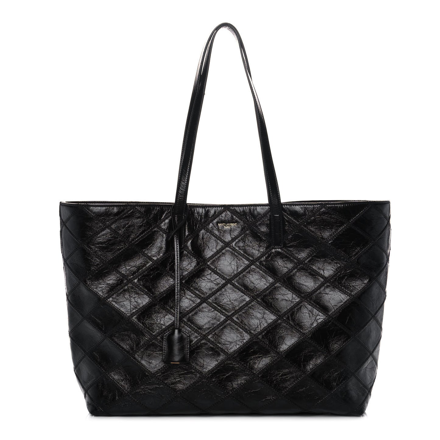 Crinkled Calfskin Quilted East West Shopping Tote Black