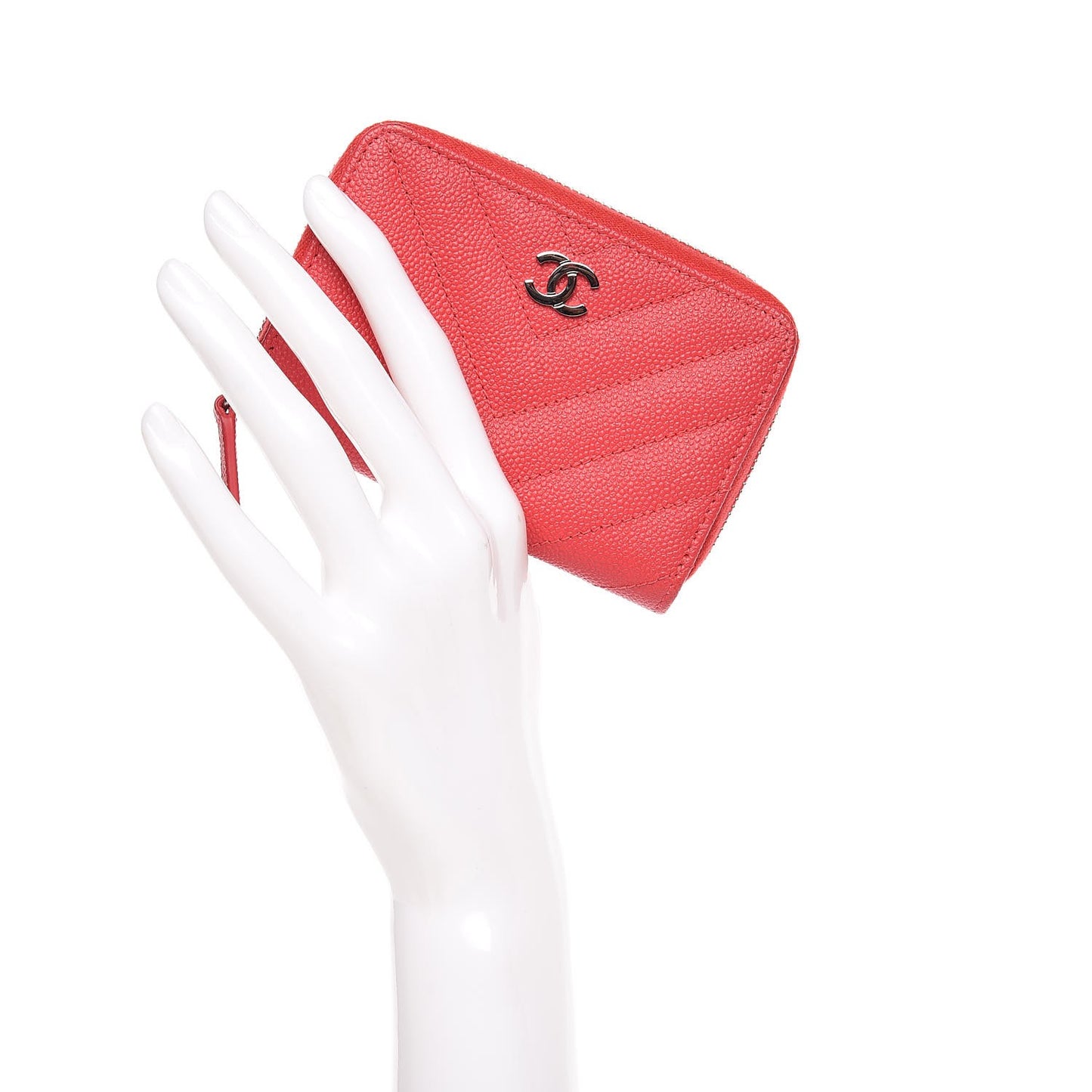 Caviar Chevron Quilted Zip Coin Purse Light Red