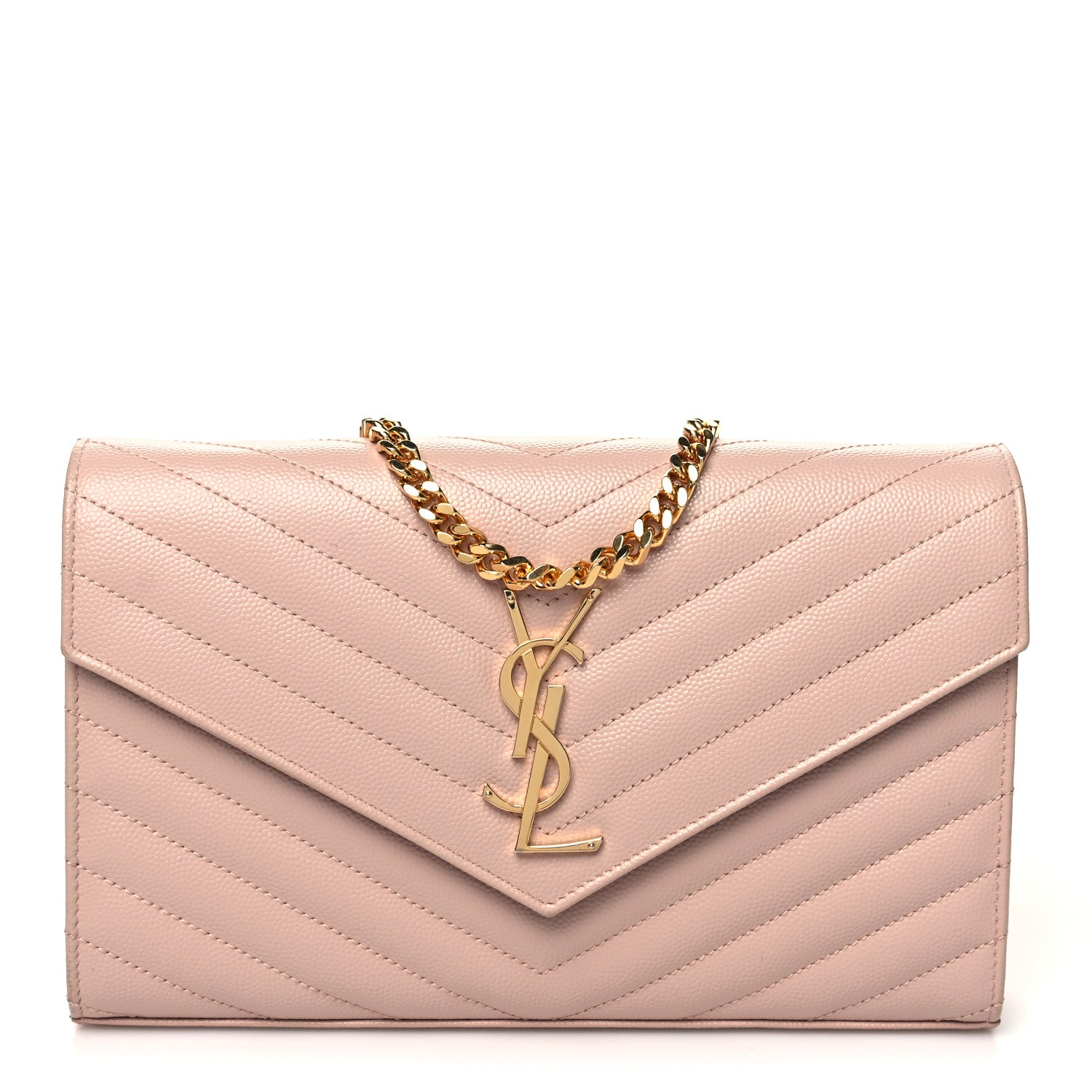 Saint Laurent Grain De Poudre Matelasse Chevron Monogram Chain Wallet Pale Blush 1 of 14