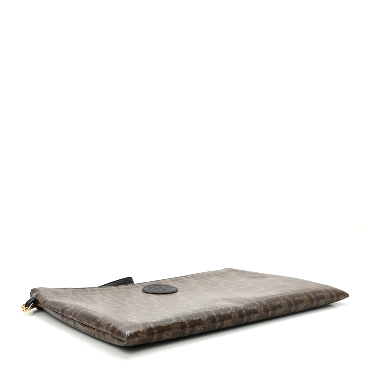 Fendi Glazed Fabric Vitello Century FF 1974 Stamp Patch Large Flat Pouch Mogano Panna Black 4 of 7